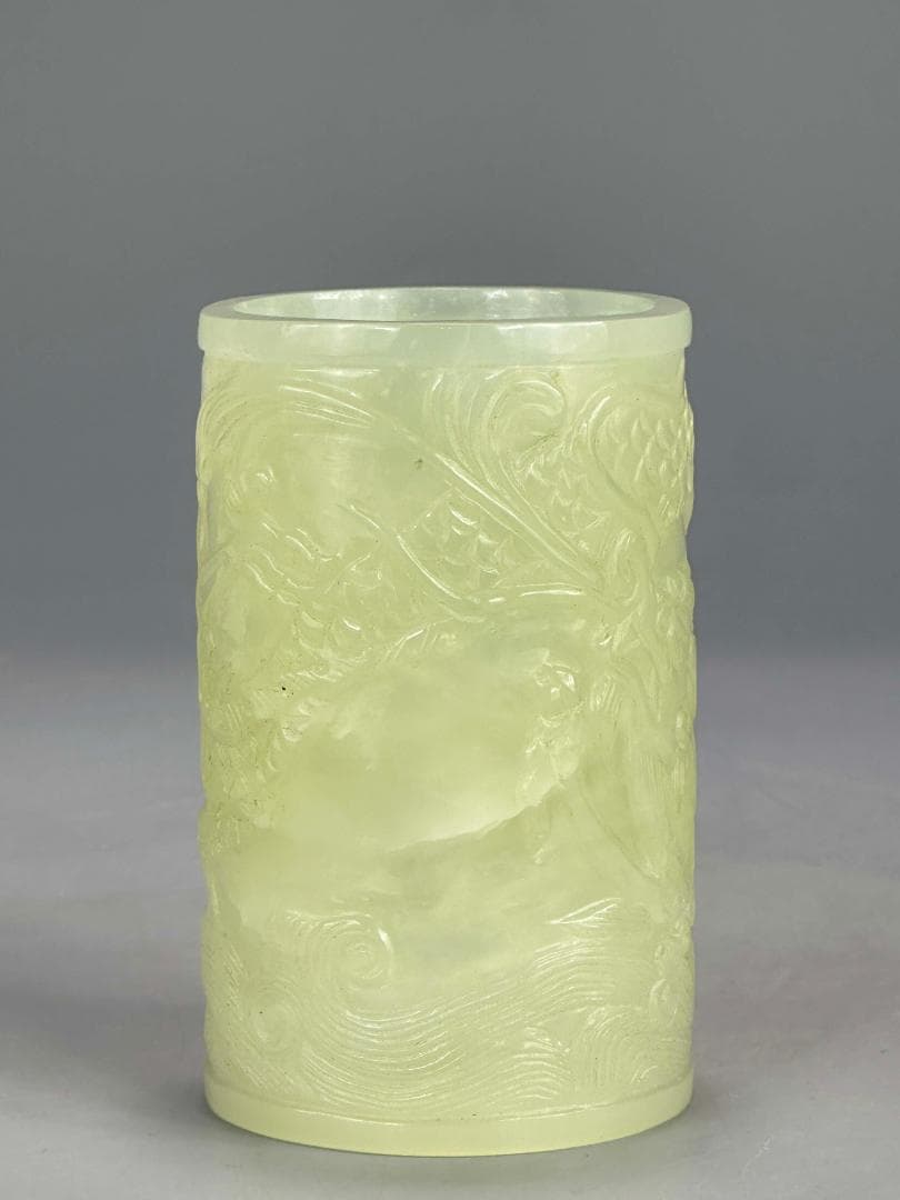 中国美術　玉石製　書道具　文房具　龍文筆筒　玉筆筒　唐物