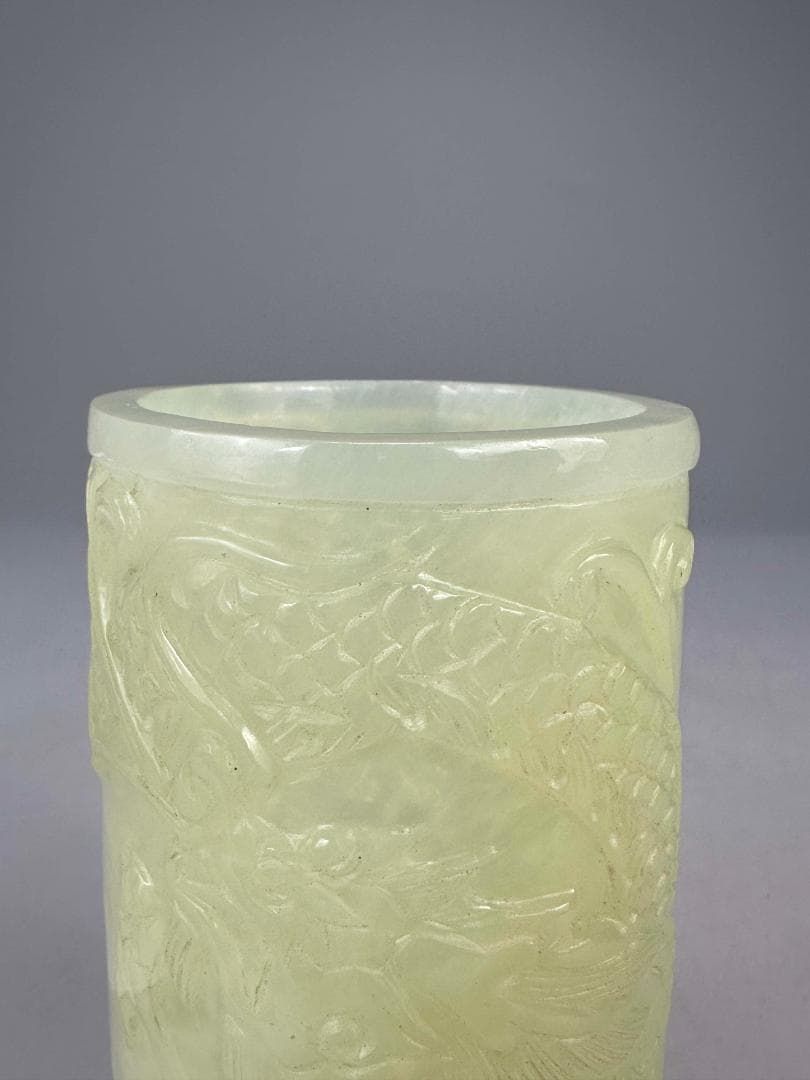 中国美術　玉石製　書道具　文房具　龍文筆筒　玉筆筒　唐物