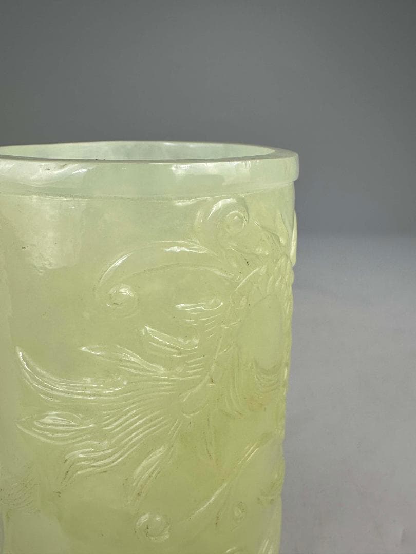 中国美術　玉石製　書道具　文房具　龍文筆筒　玉筆筒　唐物