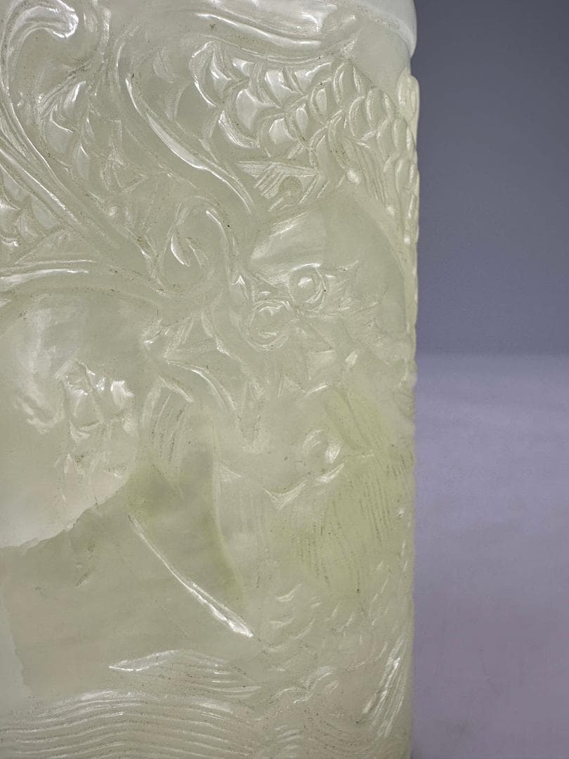 中国美術　玉石製　書道具　文房具　龍文筆筒　玉筆筒　唐物