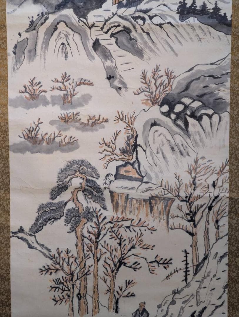 【真作】掛軸　淡彩山水図　雄峰と幽谷・人物入り　文人画風の雅趣　日本画　V93