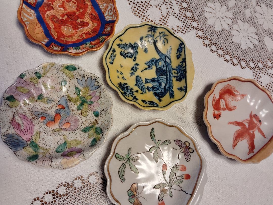 阿閣居監製 明治期 骨董豆皿 5枚 ヴィンテージ 九谷焼風 海外人気 希少品