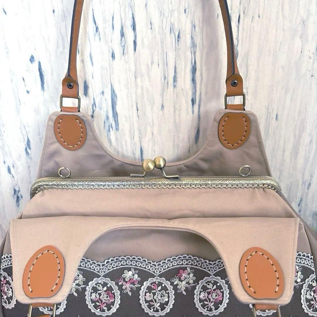 アンティーク調花柄レースあおりがま口バッグ　ハンドメイド