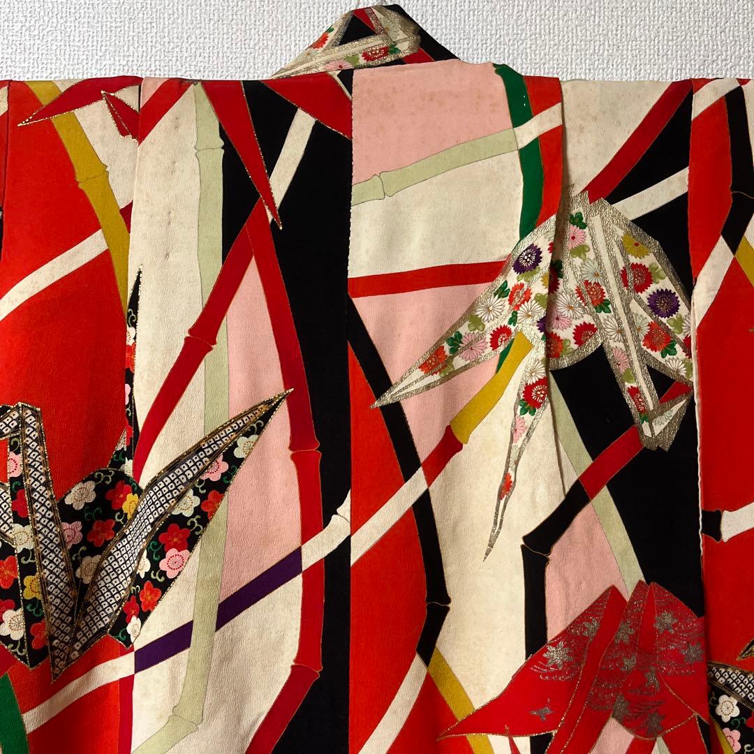 七五三　7歳　着物　アンティーク　鶴　カラフル　正絹　セット