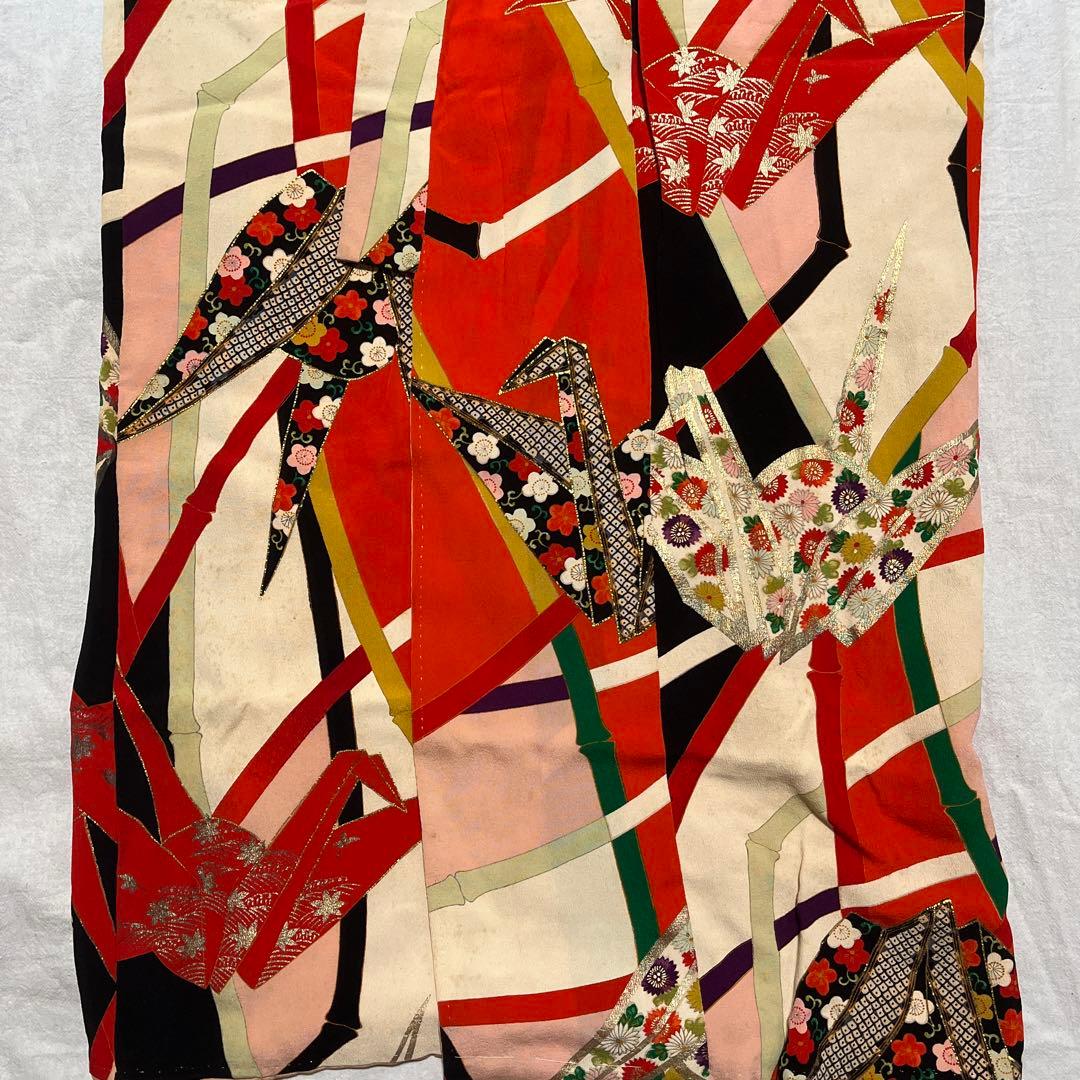 七五三　7歳　着物　アンティーク　鶴　カラフル　正絹　セット