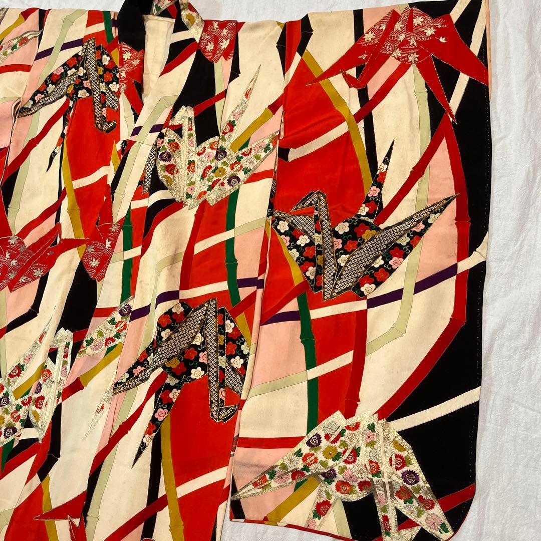 七五三　7歳　着物　アンティーク　鶴　カラフル　正絹　セット