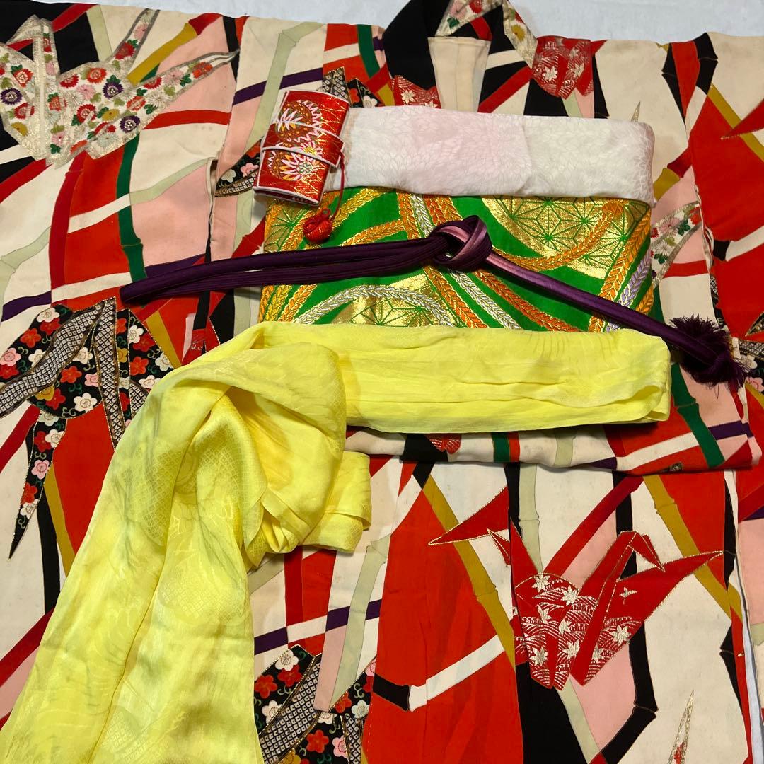 七五三　7歳　着物　アンティーク　鶴　カラフル　正絹　セット