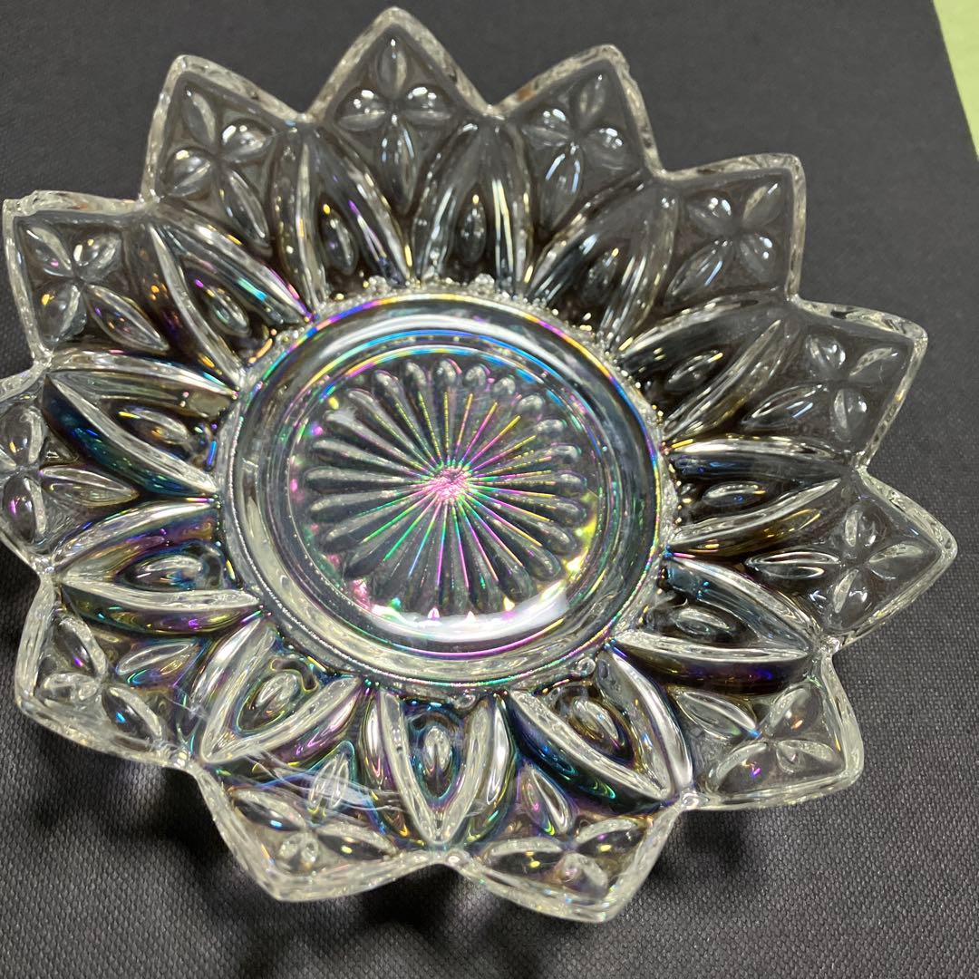 フェデラルグラス社製　ヴィンテージプレスガラスのクリアペタル模様の小皿　5枚皿：