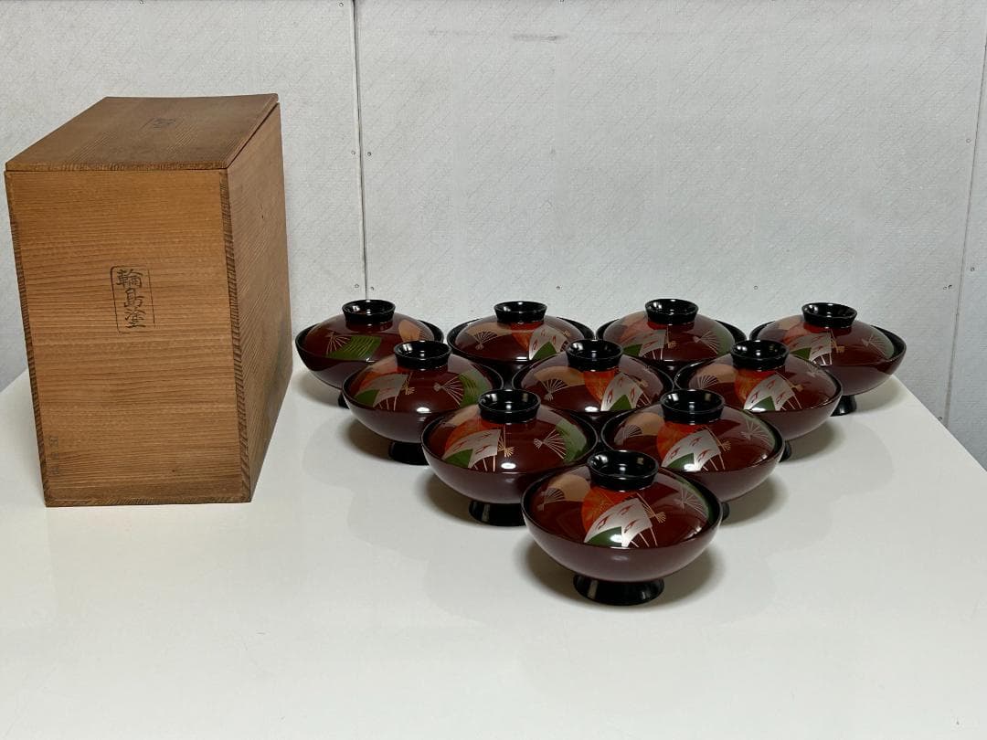 Y【長期保管品】 輪島塗 蓋付 お吸物椀　扇子模柄　臼田　10客セット