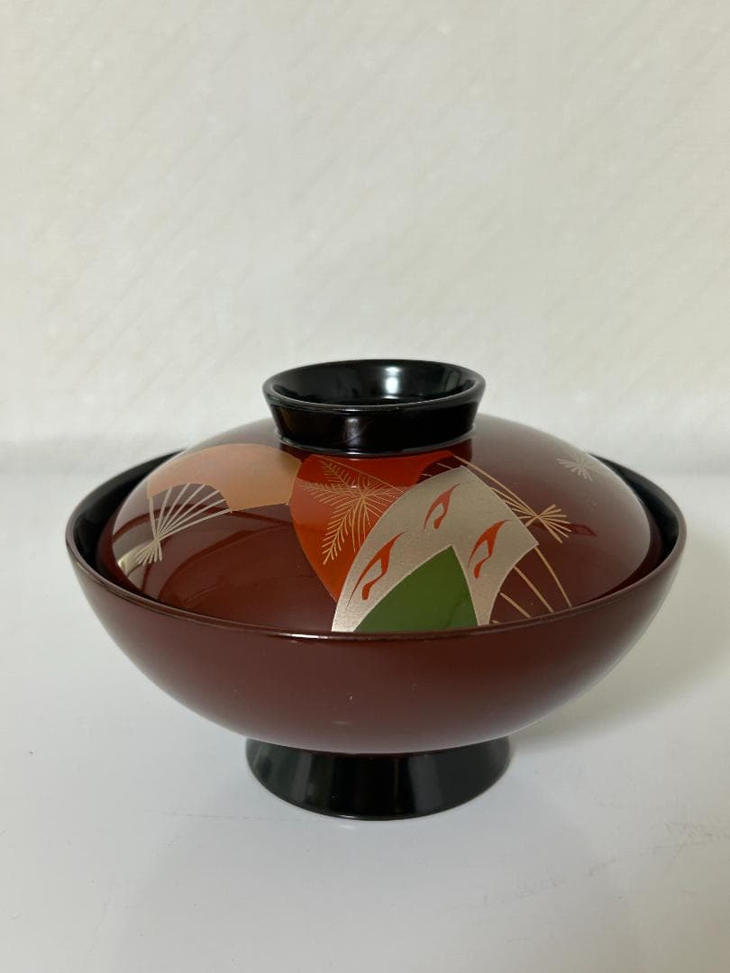 Y【長期保管品】 輪島塗 蓋付 お吸物椀　扇子模柄　臼田　10客セット