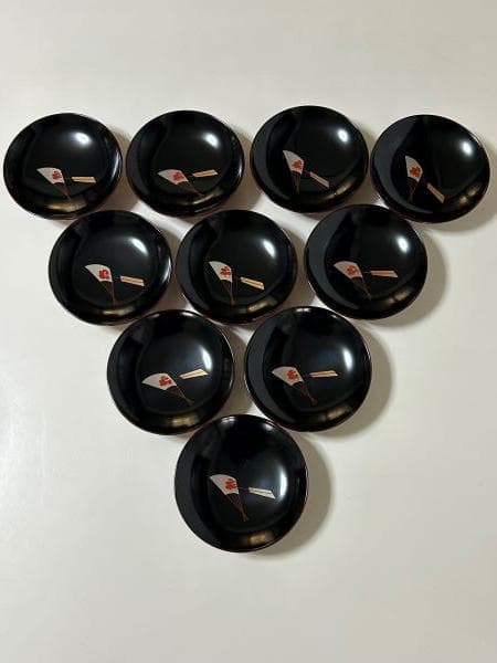 Y【長期保管品】 輪島塗 蓋付 お吸物椀　扇子模柄　臼田　10客セット