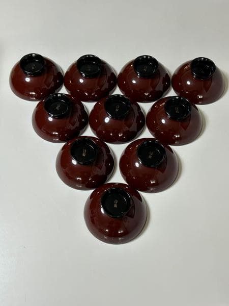 Y【長期保管品】 輪島塗 蓋付 お吸物椀　扇子模柄　臼田　10客セット