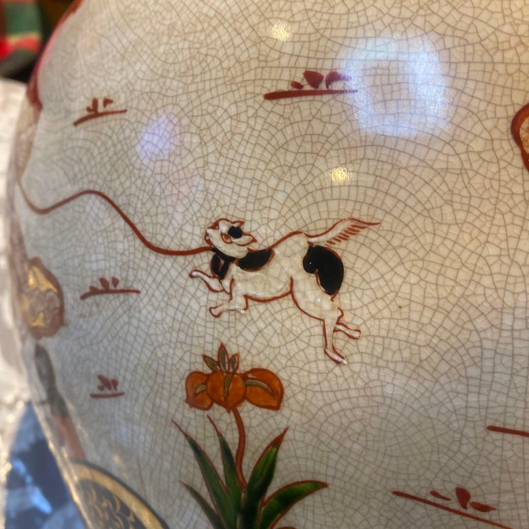 伊万里錦手美人と犬散歩図花瓶