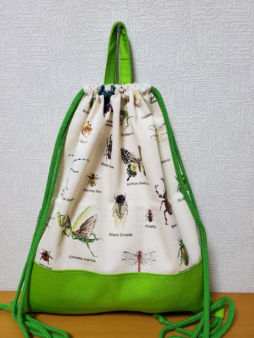 ナップサック 体操服入れ お着替え袋   昆虫大百科柄×ライトグリーン