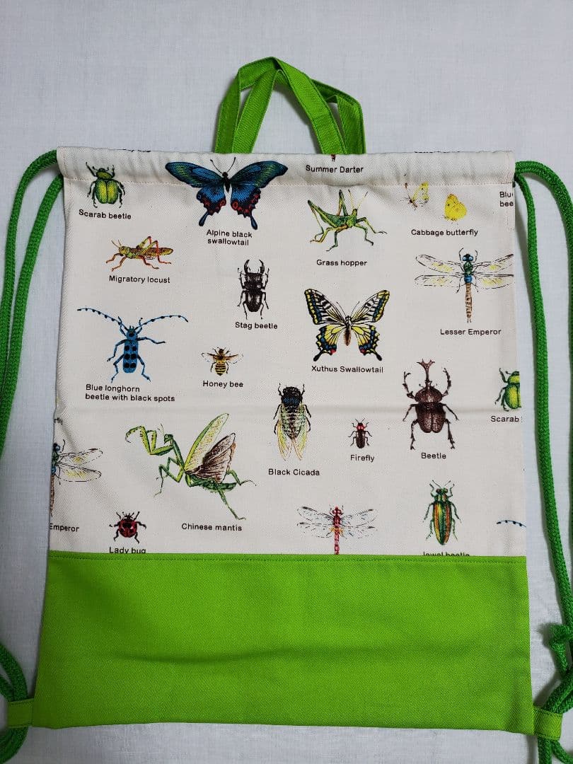 ナップサック 体操服入れ お着替え袋   昆虫大百科柄×ライトグリーン