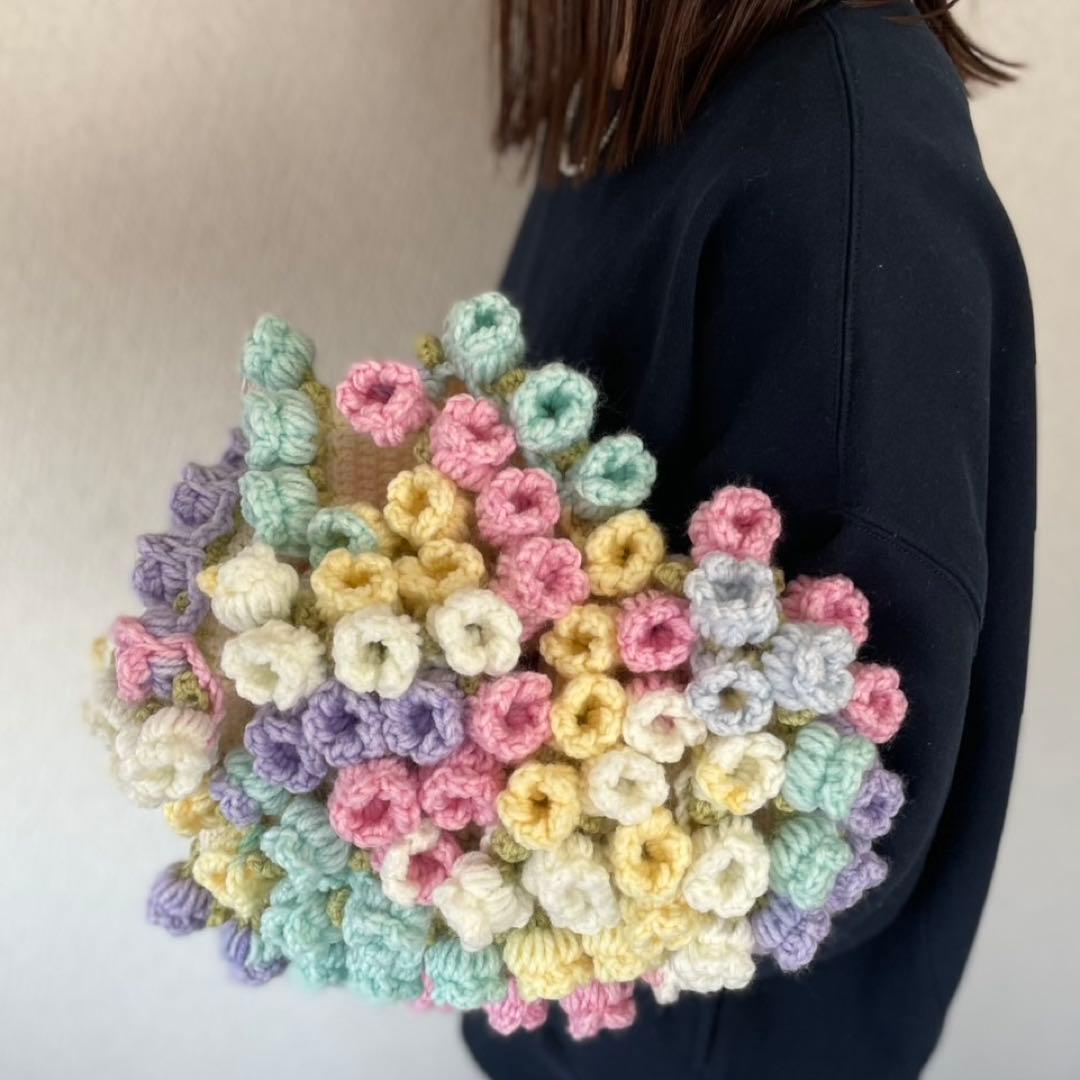 直径94cm 花束ブランケット 立体花モチーフ かぎ針編み パステルカラー