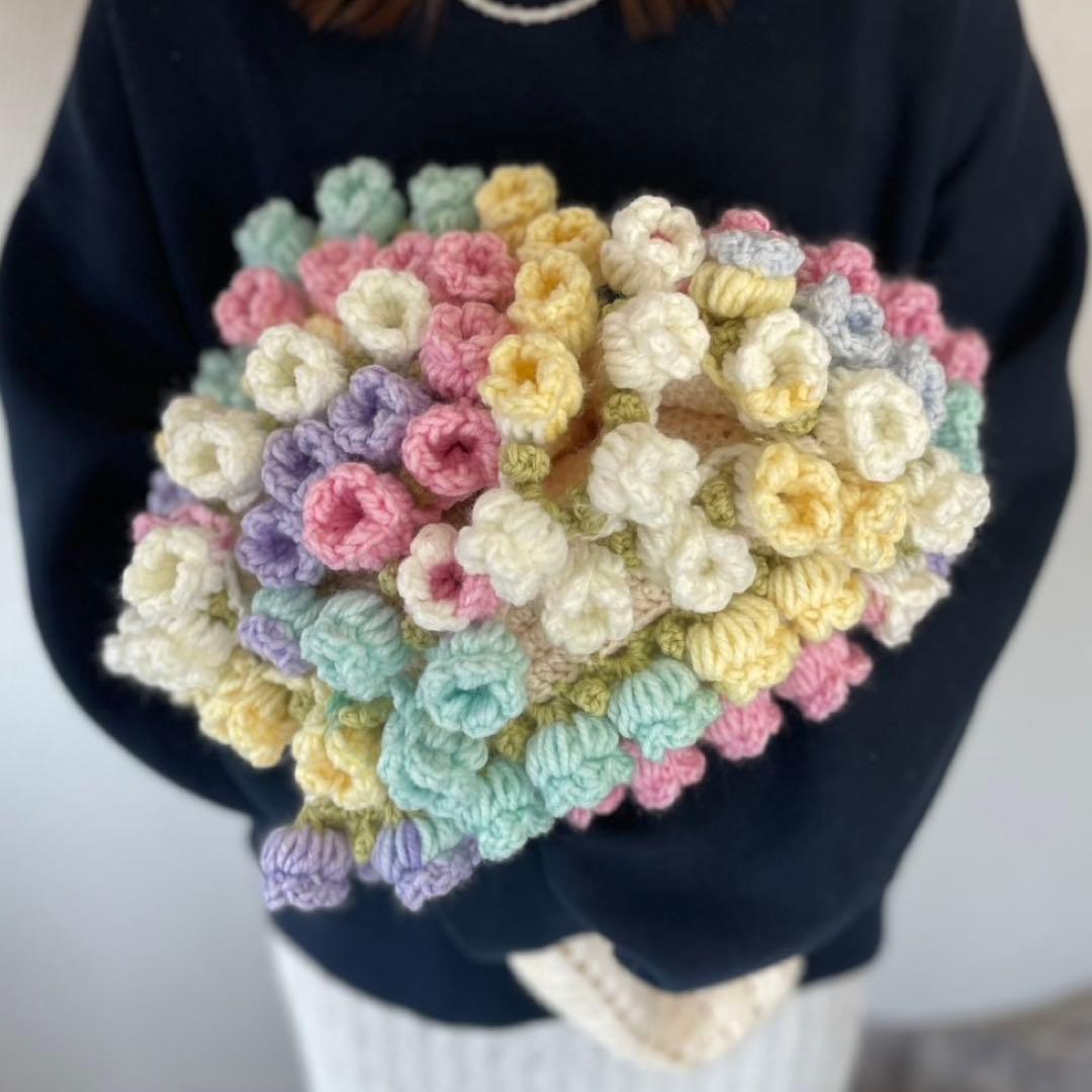 直径94cm 花束ブランケット 立体花モチーフ かぎ針編み パステルカラー