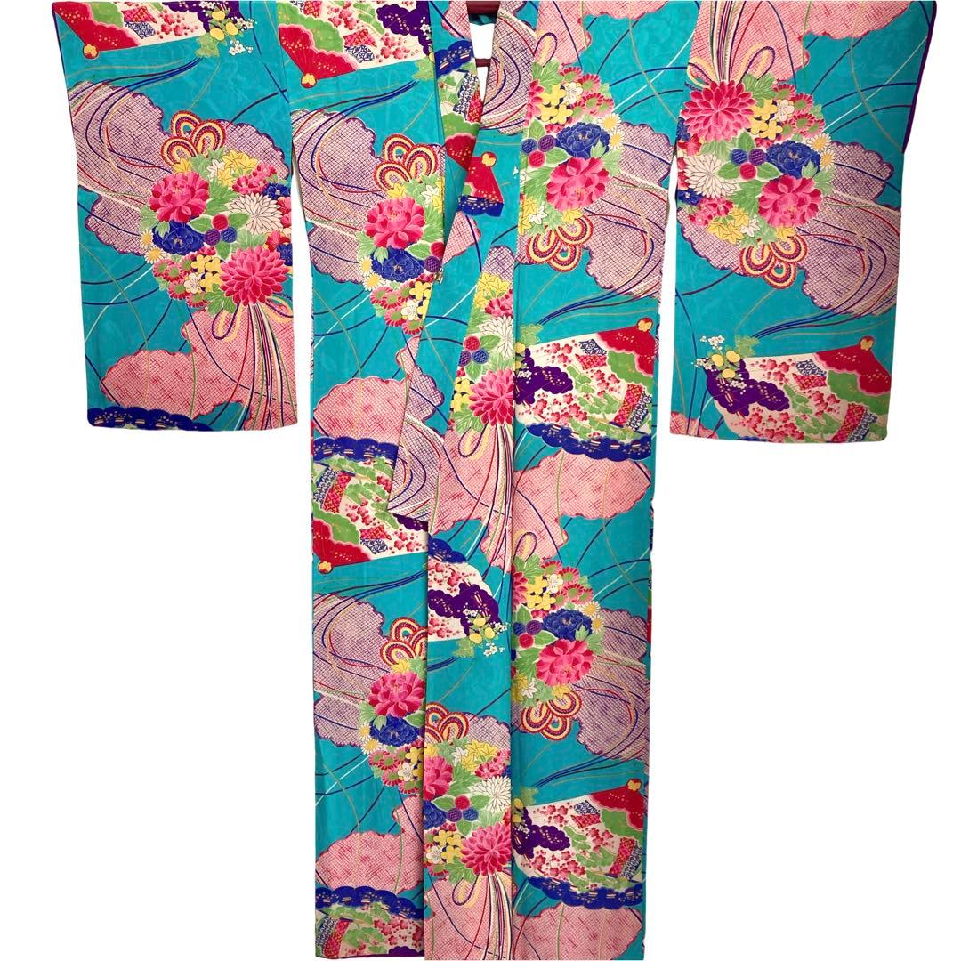 ターコイズ 昭和レトロ 大正ロマン アンティーク着物 大人 ジュニア 袴 着物