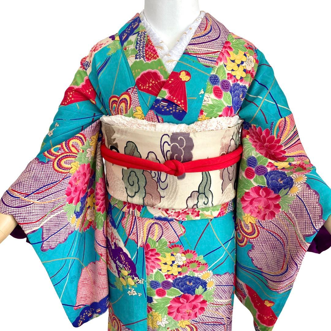 ターコイズ 昭和レトロ 大正ロマン アンティーク着物 大人 ジュニア 袴 着物