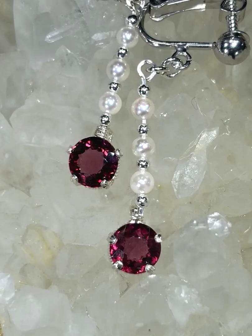 ロードライトガーネット　アコヤパール　イヤリング/ピアス　ワイヤージュエリー
