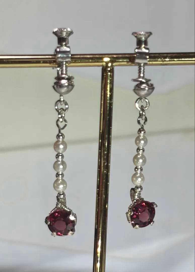 ロードライトガーネット　アコヤパール　イヤリング/ピアス　ワイヤージュエリー