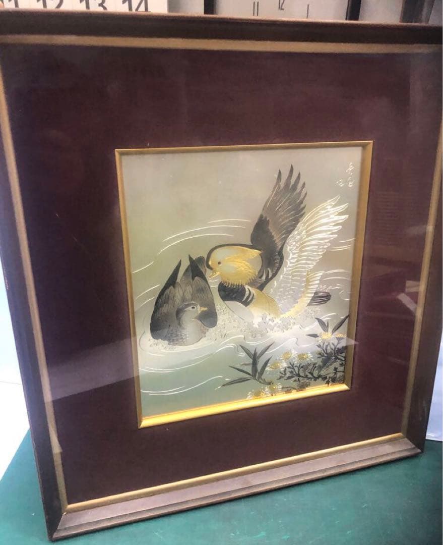 金箔 銀箔 水鳥と魚の日本画　中古品　骨董品　絵画　おしどり　秀鳳作