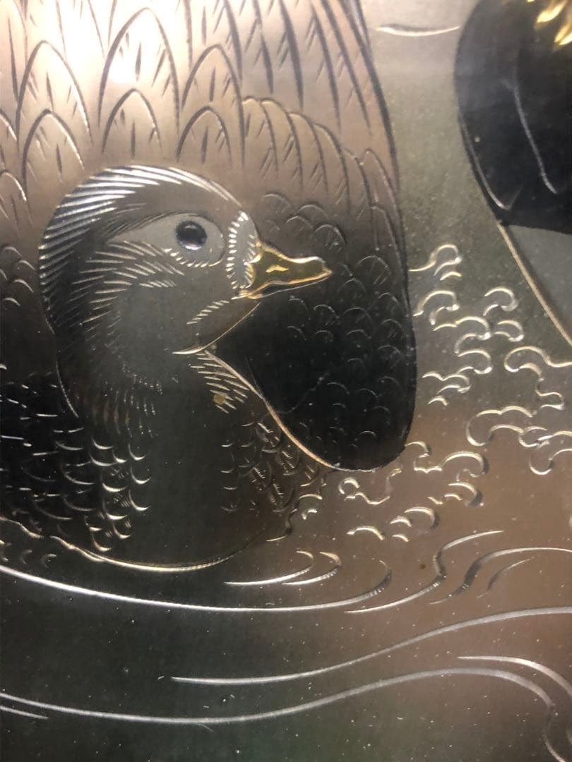 金箔 銀箔 水鳥と魚の日本画　中古品　骨董品　絵画　おしどり　秀鳳作