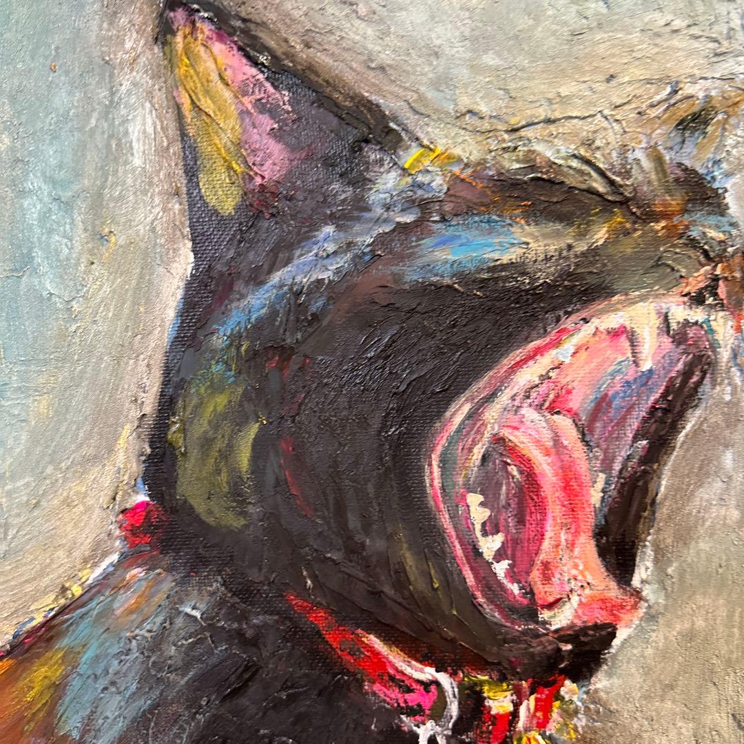 ［あくび］猫のアクリル絵 約50cm x 40cm 木製フレーム付き