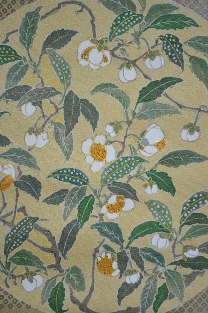 手描き友禅　茶花模様　鹿子　タペストリー