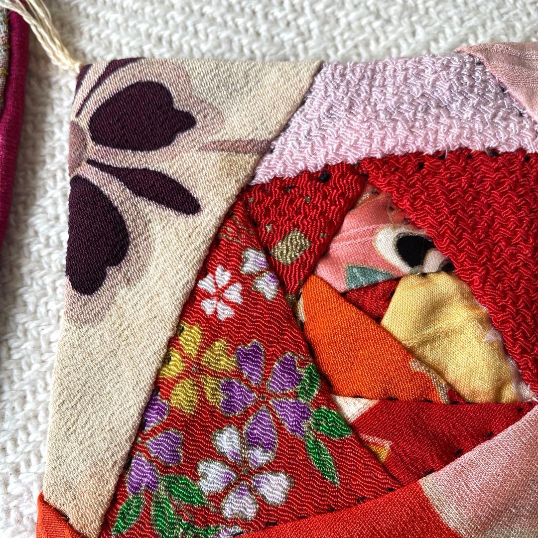 着物古布 手縫い継接合せ パッチワーク ハート 四角 コースター 敷物 年代物