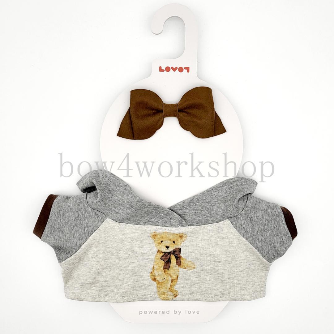 ラボットの服ハンドメイド リボンタイ付きくまちゃんプリントパーカー（ブラウン）