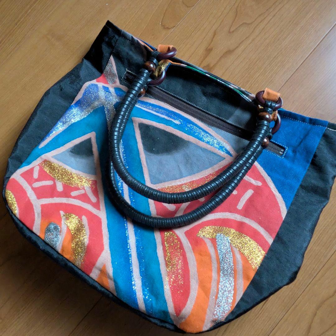 手提げバッグ　武者のぼり旗　リメイク　柿渋染め　　（黒色の持ち手）