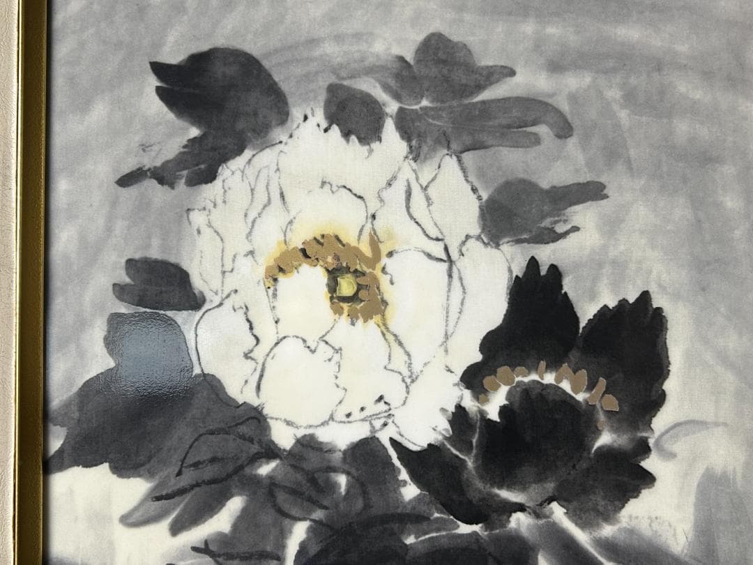 杉本健吉 鳴海製陶板「獅子花瓶に牡丹図」額装 岸田劉生師事 89