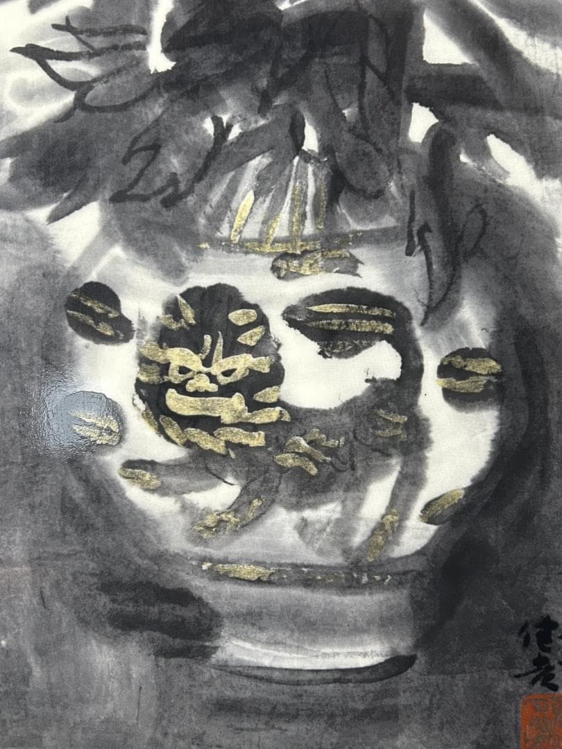 杉本健吉 鳴海製陶板「獅子花瓶に牡丹図」額装 岸田劉生師事 89