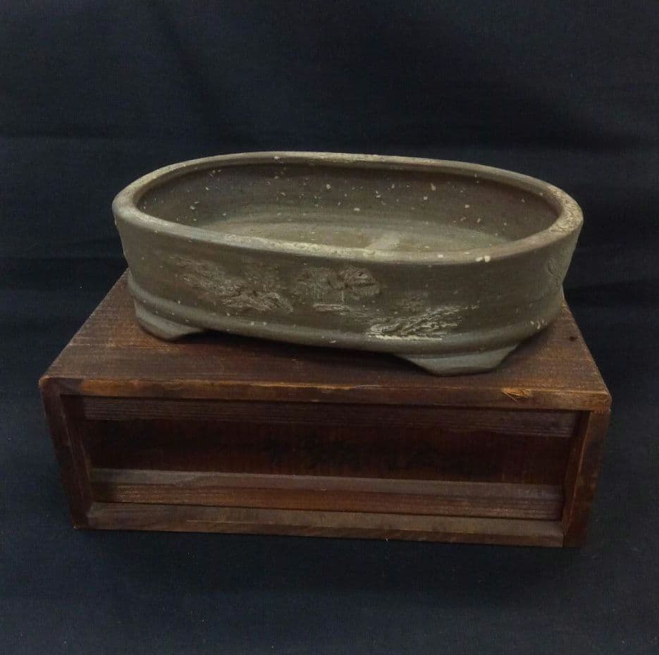 008.【烏泥】山水/楕円盆栽鉢/木箱付き