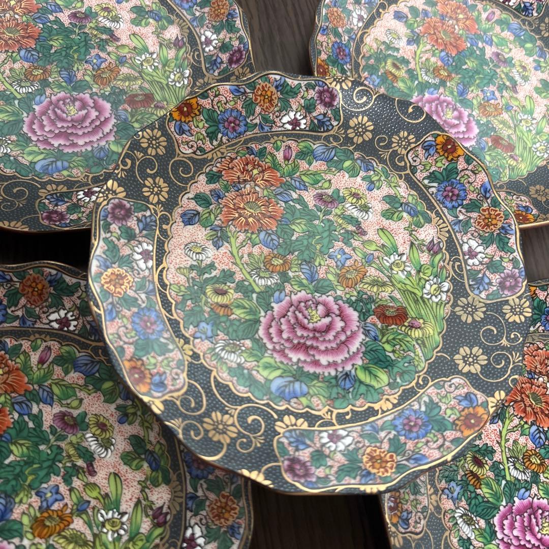 九谷焼　正峰窯　青粒鉄線　花詰　色絵金彩　銘々皿　小皿５枚