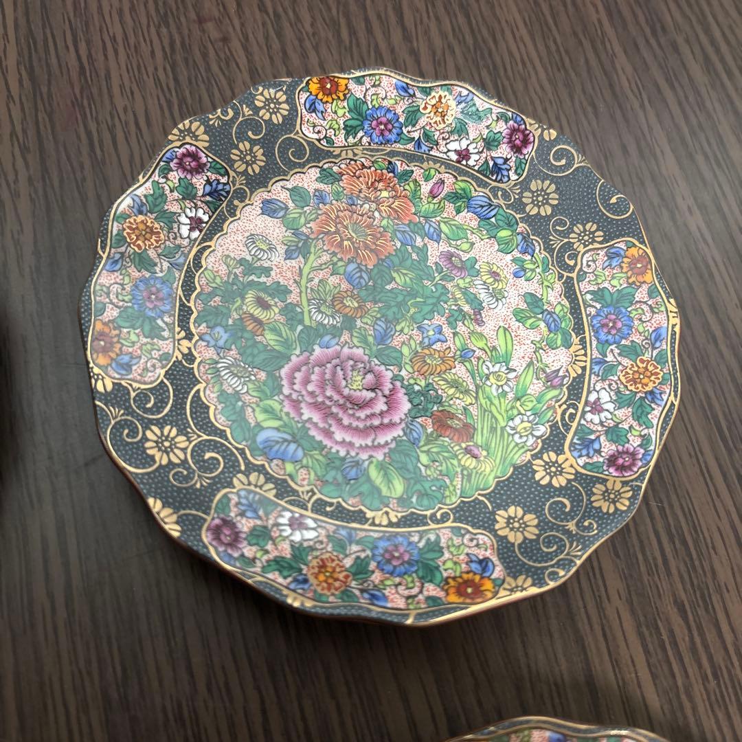 九谷焼　正峰窯　青粒鉄線　花詰　色絵金彩　銘々皿　小皿５枚