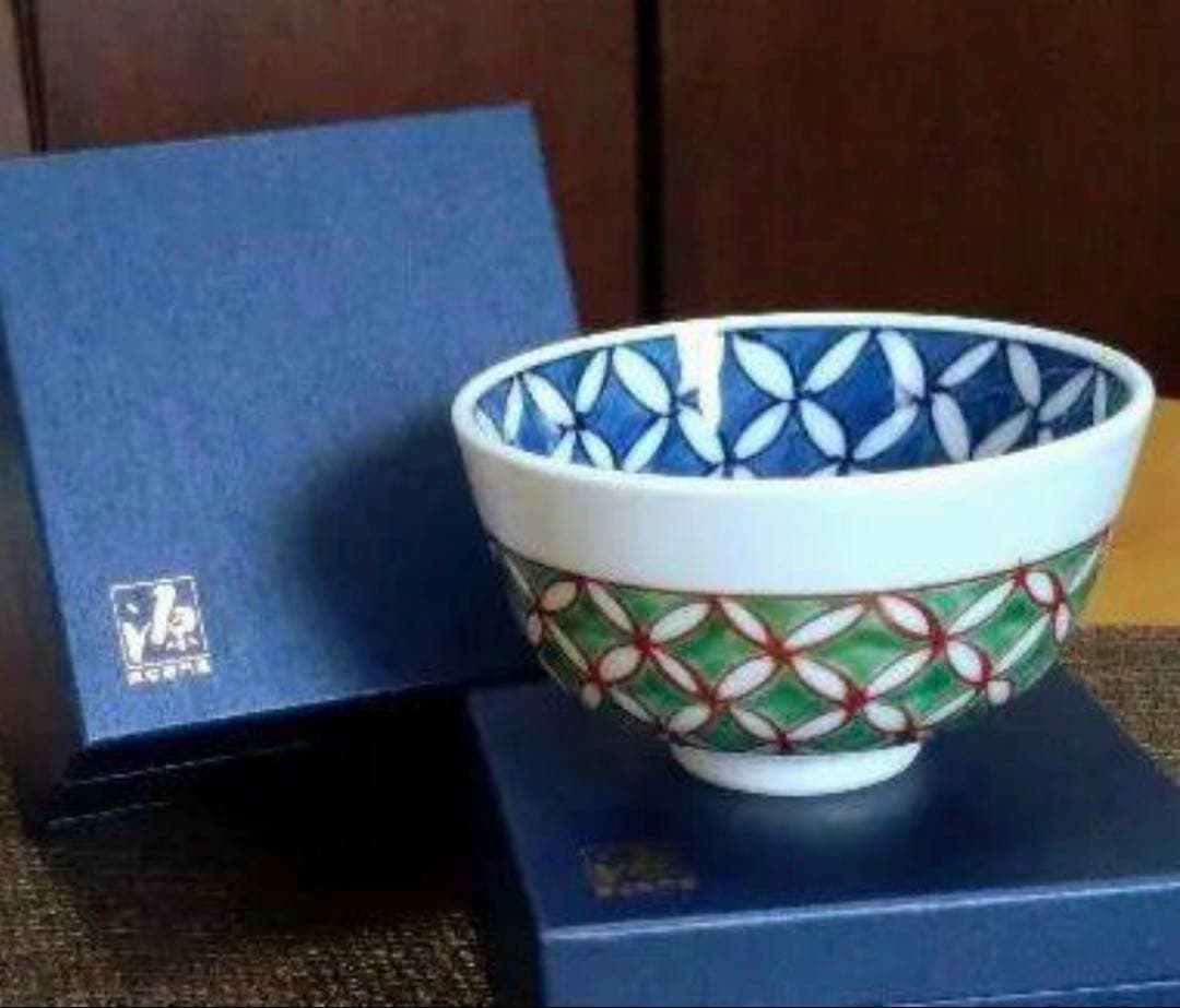 源右衛門窯 緑彩七宝紋 飯碗