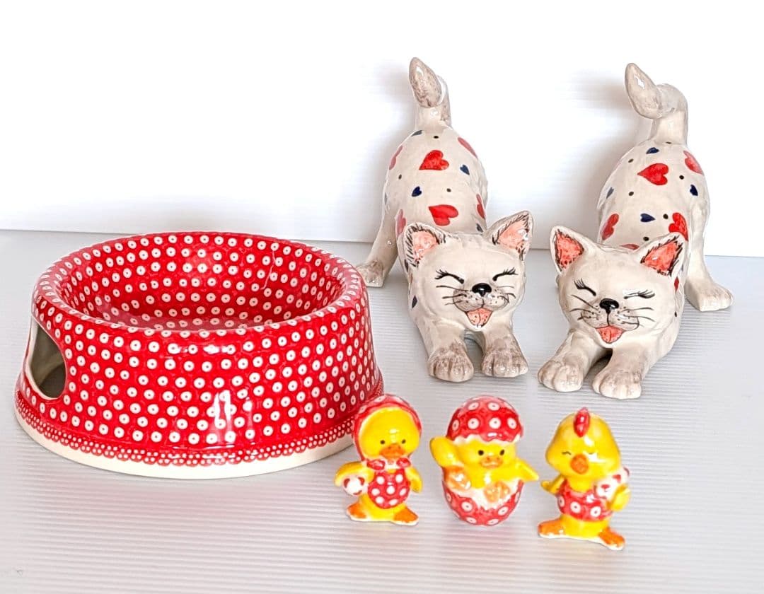 ポーリッシュポタリー ペットフードボウル 猫フィギュア セット♡.*・゜
