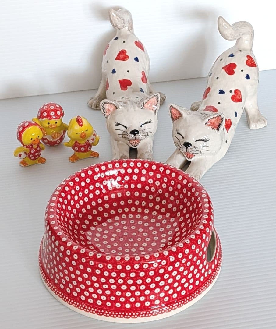 ポーリッシュポタリー ペットフードボウル 猫フィギュア セット♡.*・゜