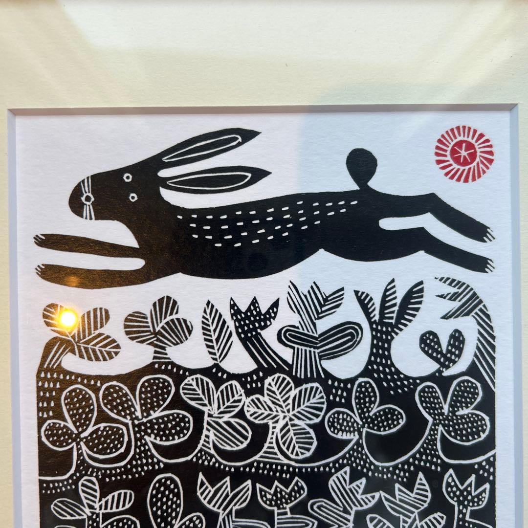 ウサギのリトグラフ 木製フレーム付き