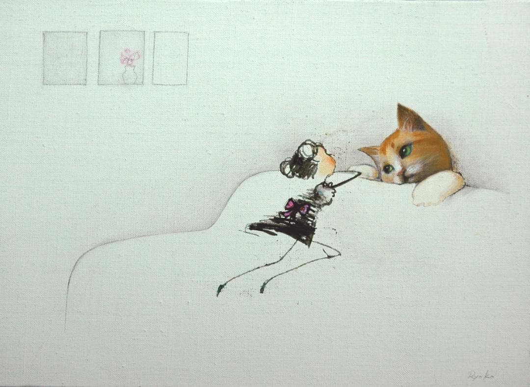 油絵 菅家令子 絵 絵画インテリア額付(青緑＋金色の枠)F4-090518猫女子