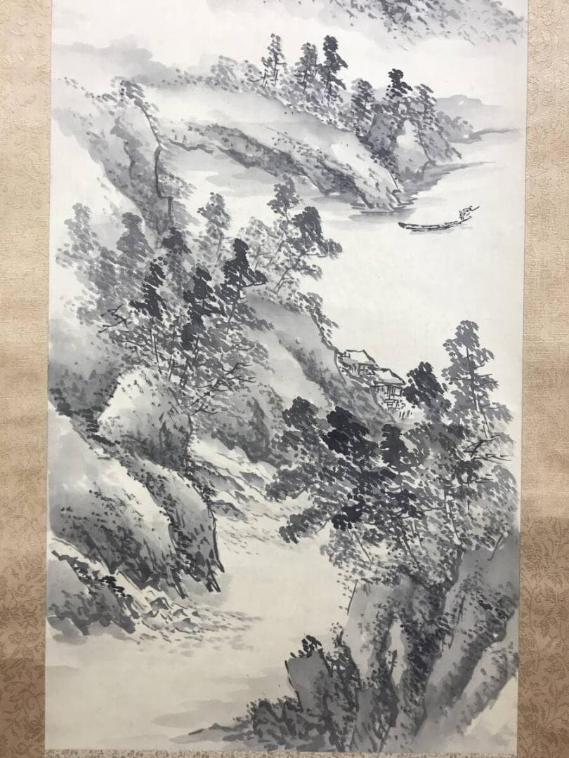 真作/青坡/湖山清遠図/湖山漁舟/山水図/掛軸☆宝船☆AH-589