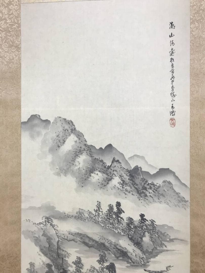 真作/青坡/湖山清遠図/湖山漁舟/山水図/掛軸☆宝船☆AH-589