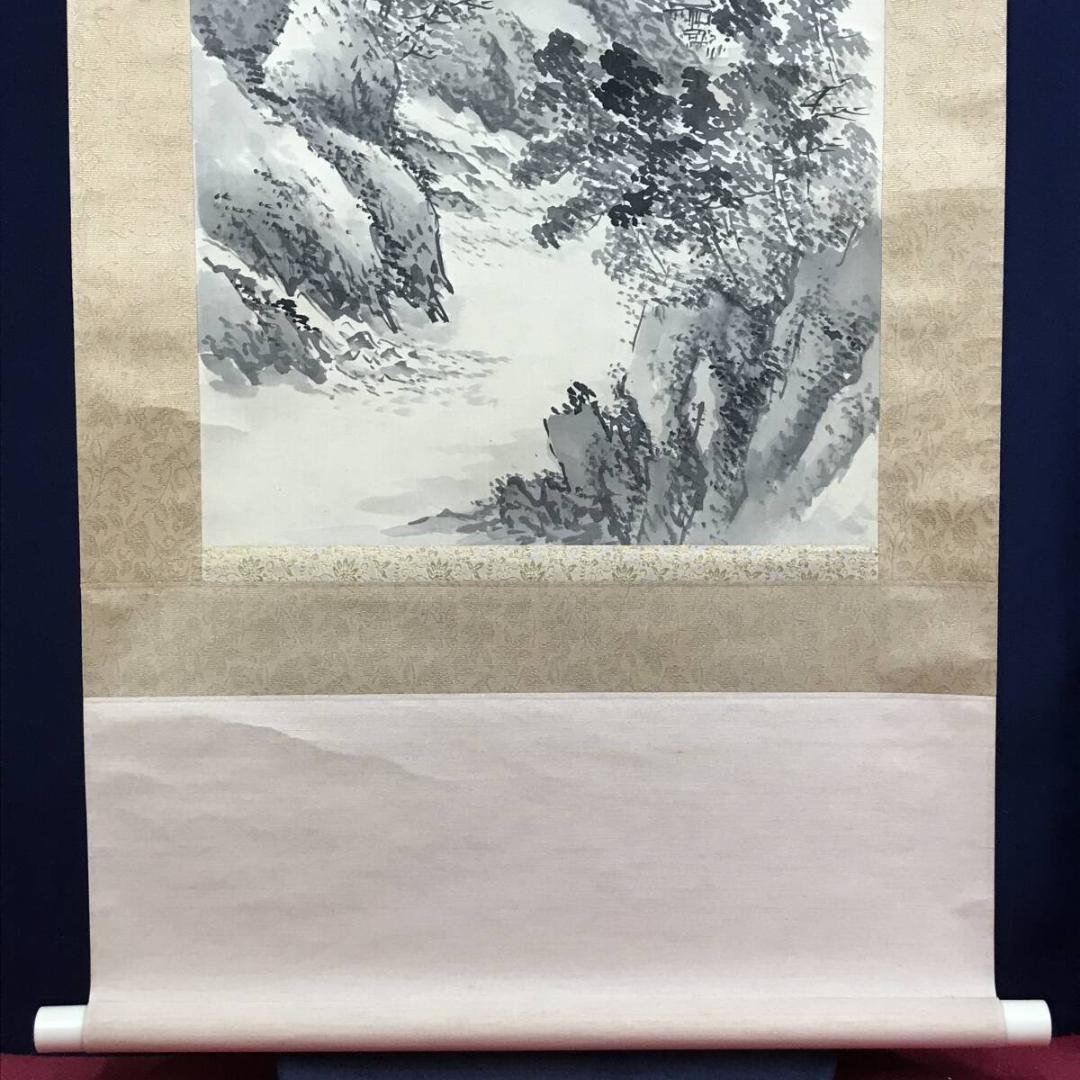 真作/青坡/湖山清遠図/湖山漁舟/山水図/掛軸☆宝船☆AH-589