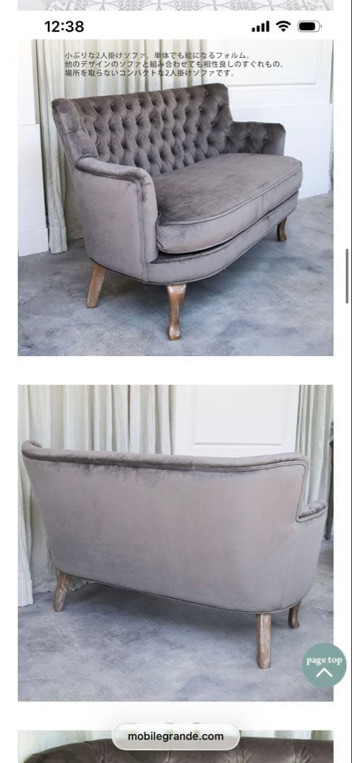 【モビリグランデ】ラウンジチェア 2人掛けソファ ベルベットグレーｘ猫脚ライト