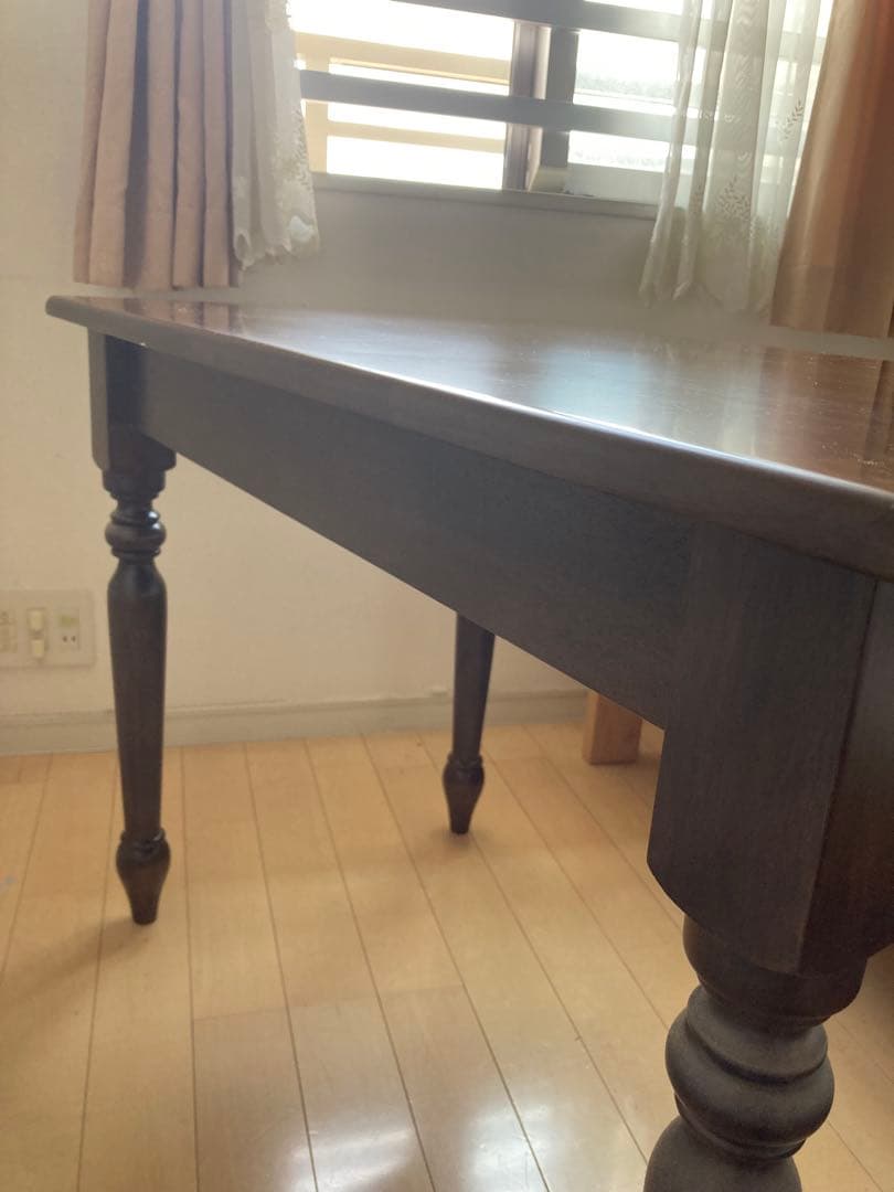 引き出し付きテーブル　デスク　天然木　ダークブラウン