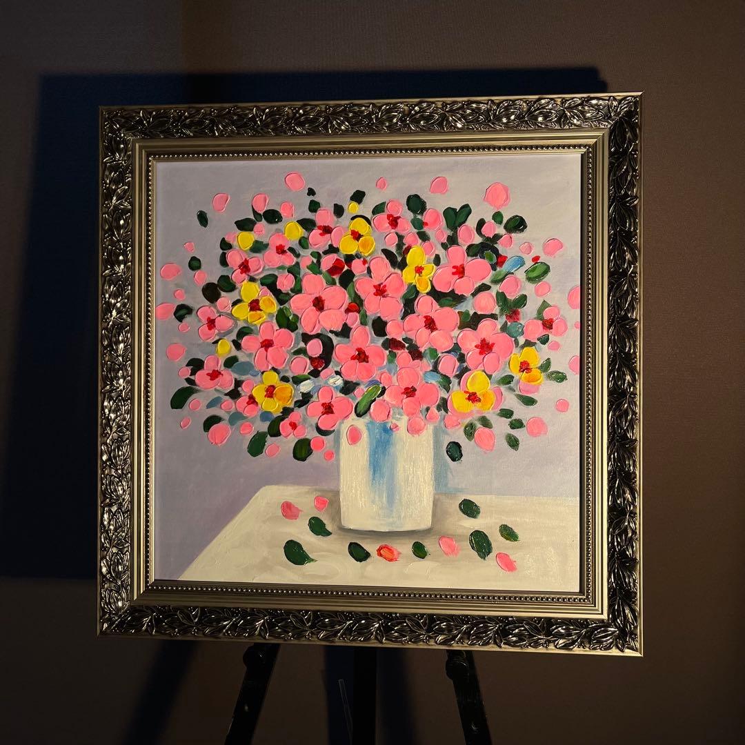 手書き油絵 花瓶の花 肉筆絵画 額付き インテリア 油彩画