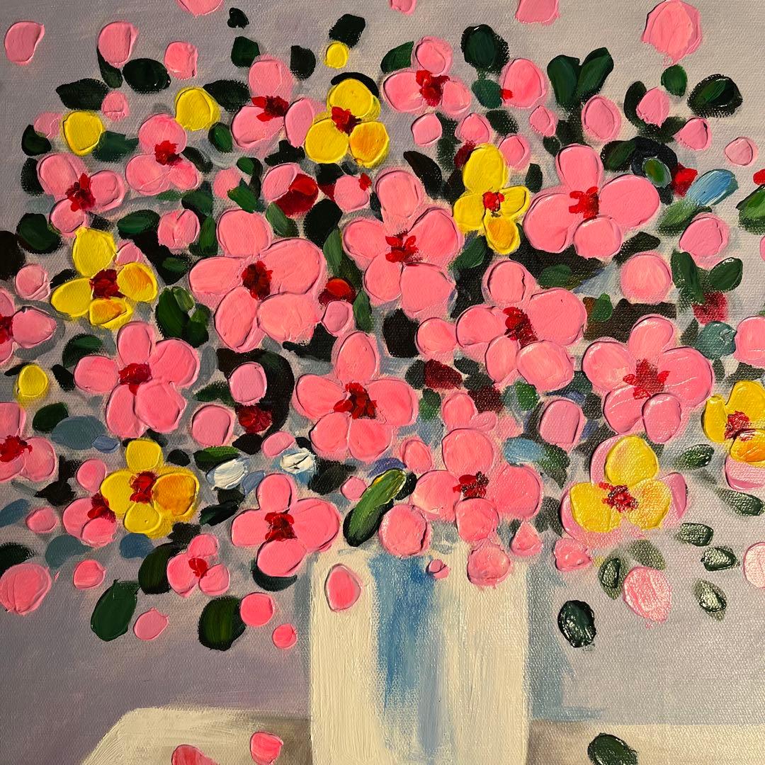 手書き油絵 花瓶の花 肉筆絵画 額付き インテリア 油彩画