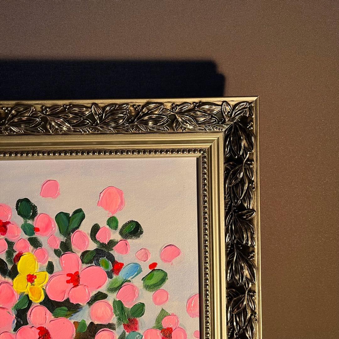 手書き油絵 花瓶の花 肉筆絵画 額付き インテリア 油彩画